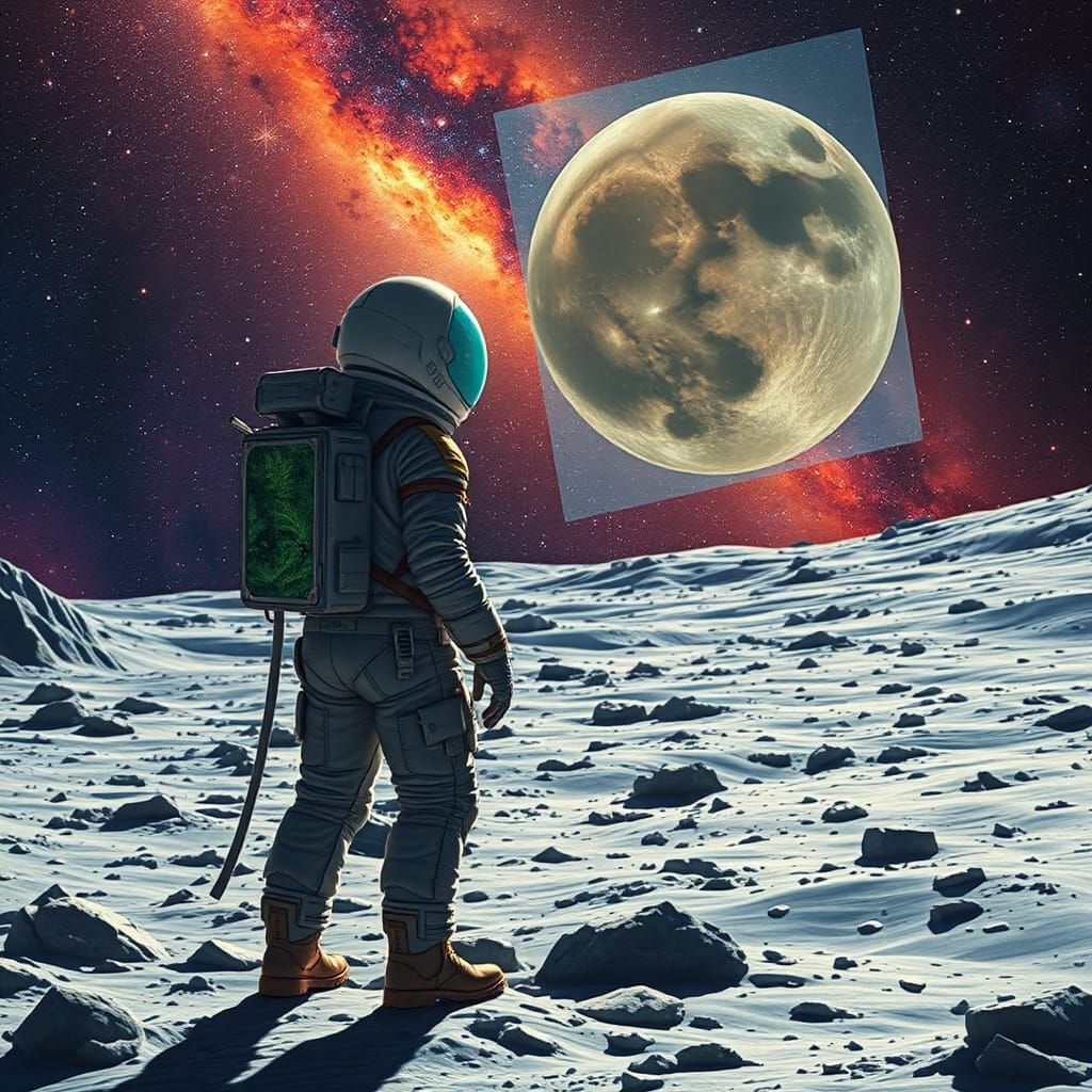 Astronaut on Moon Gazing at Mars, in Hyper-Realistic Style