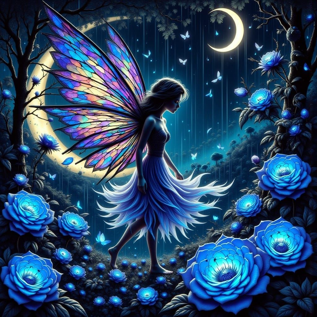 Stained Glass Fairy in Bioluminescent Moon Garden