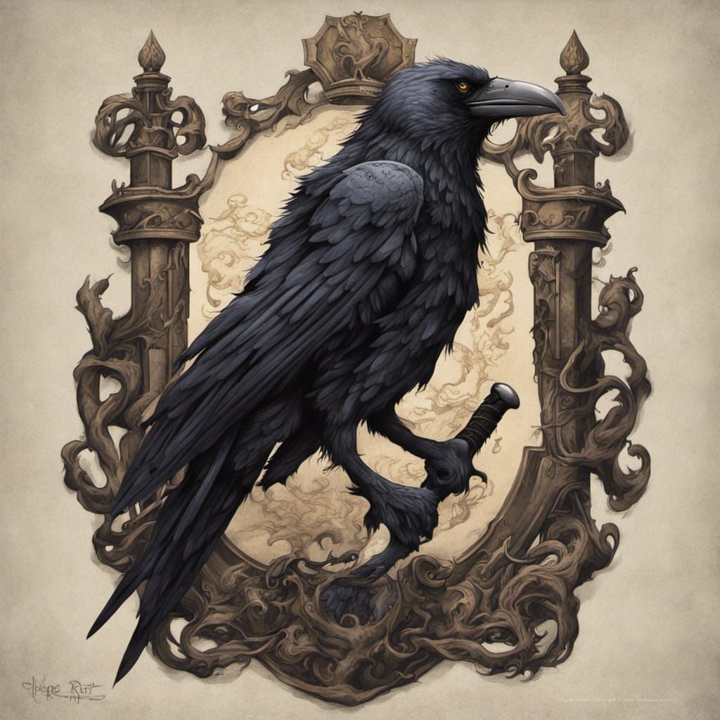 Sinister Coat of Arms with Raven and Wolf