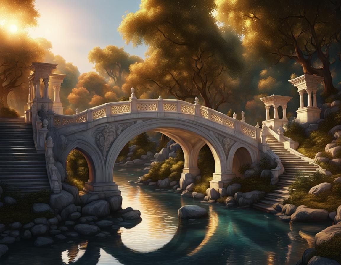Ethereal Greek Bridge in Evening Glow
