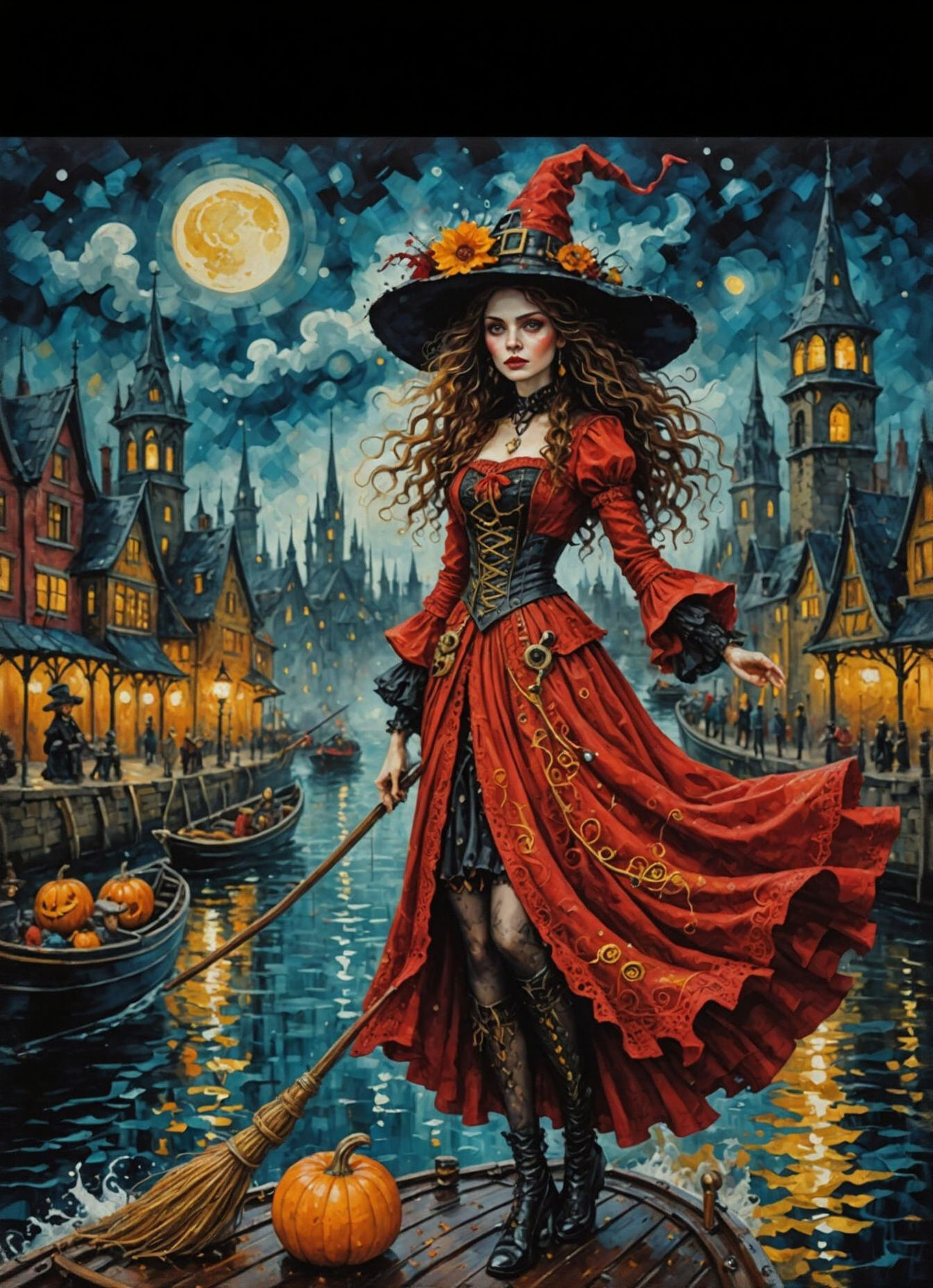 Steampunk Witch in Red Dress Drives Boat in Night City