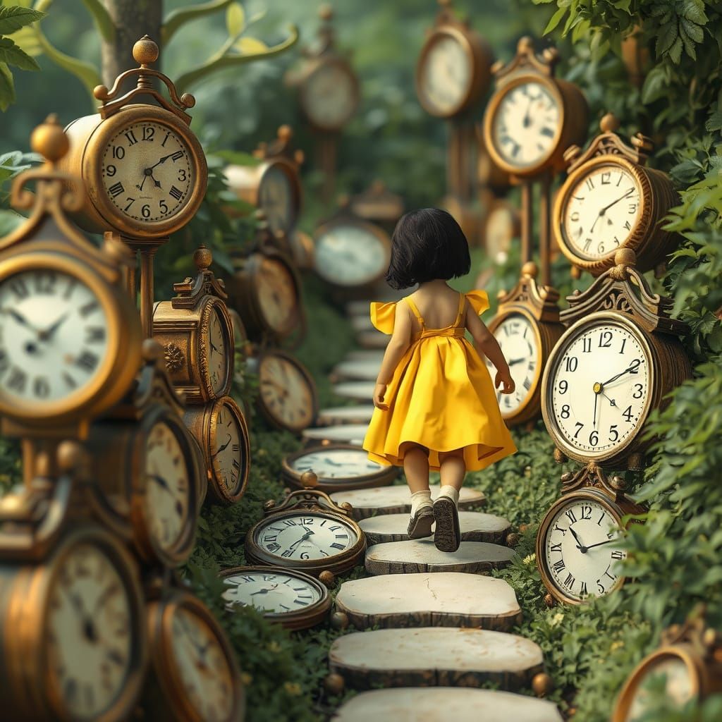 Child Walks Clock Path in Miyazaki-esque Fantasy