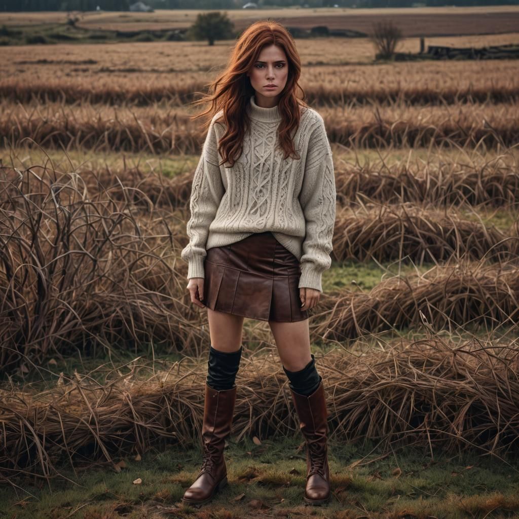 Hyperrealistic Woman in Field with Tangled Hair