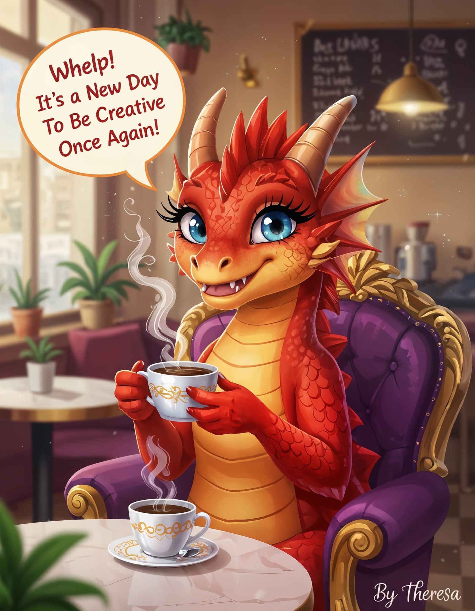 Happy Red Dragon Enjoying Coffee at a Cafe