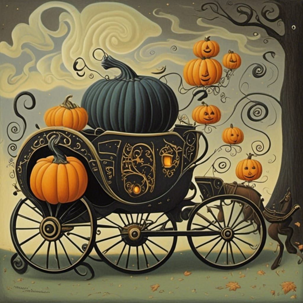 Psychedelic Charcoal Storybook Pumpkin Carriage Illustration