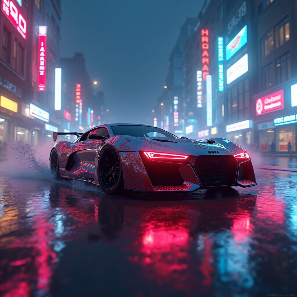 Cyberpunk Car Race at Night: Sci-Fi Concept Art