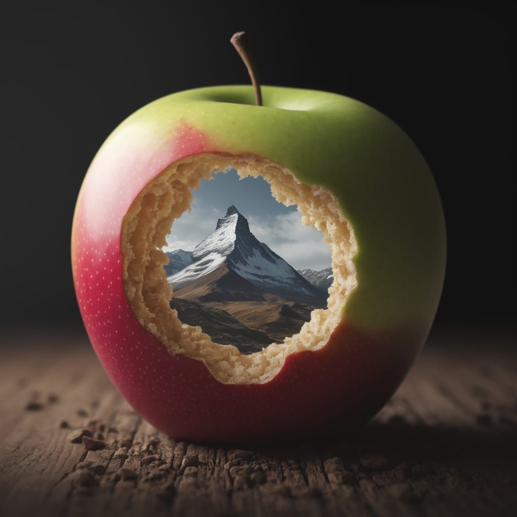Bitten Apple Amidst Majestic Mountain Landscape