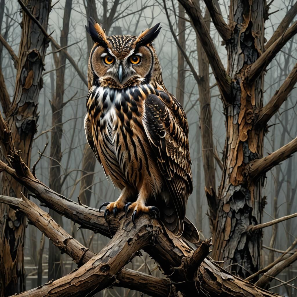 Intricate Owl in Moody Swamp Scene