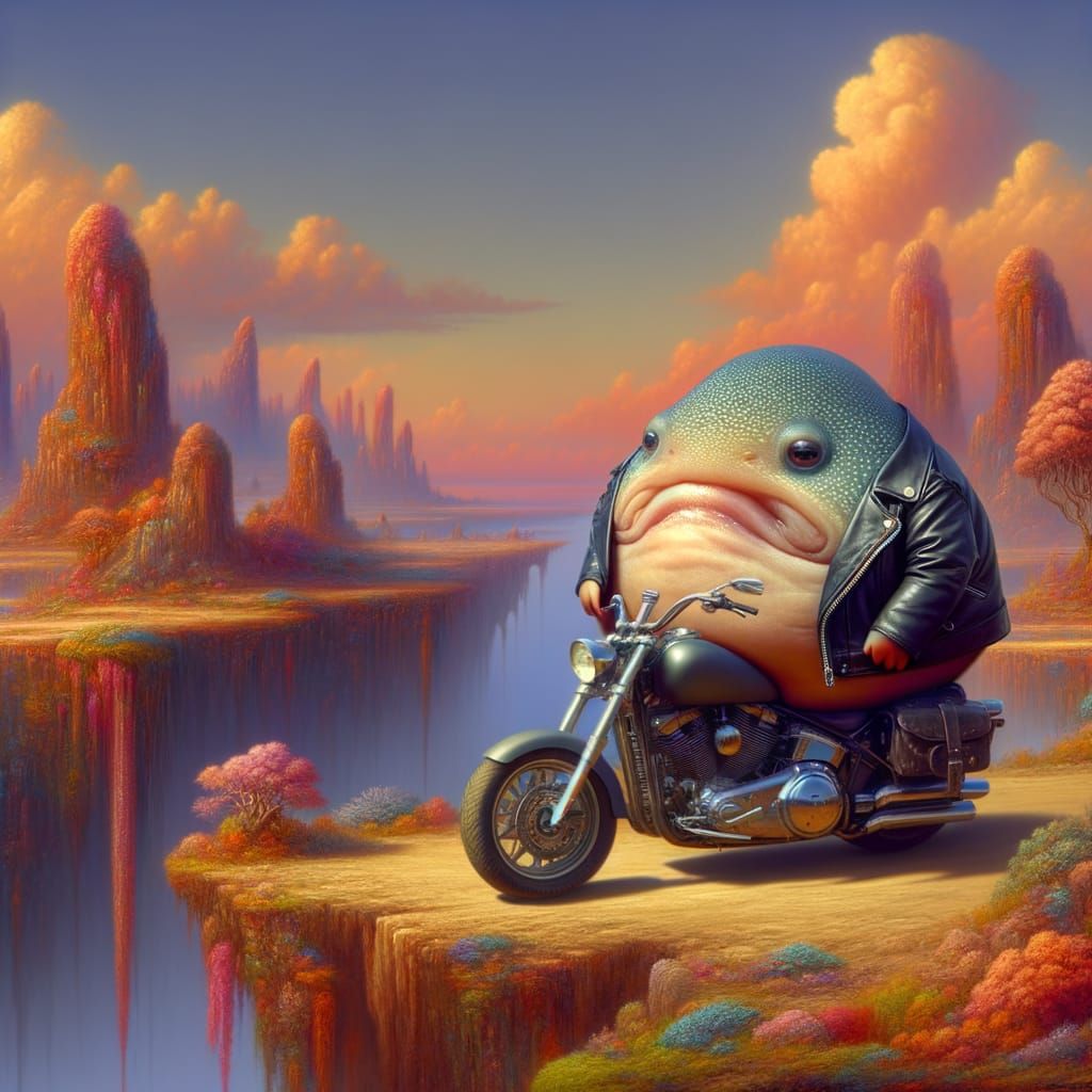Unhappy Blobfish Rider in Leather on Motorcycle