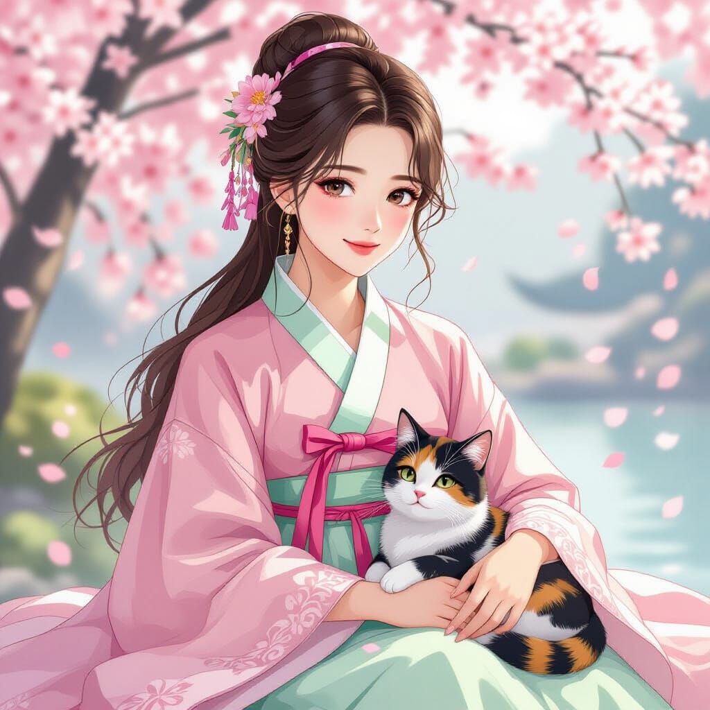 Manhwa Portrait: Woman in Pastel Hanbok with Calico Cat