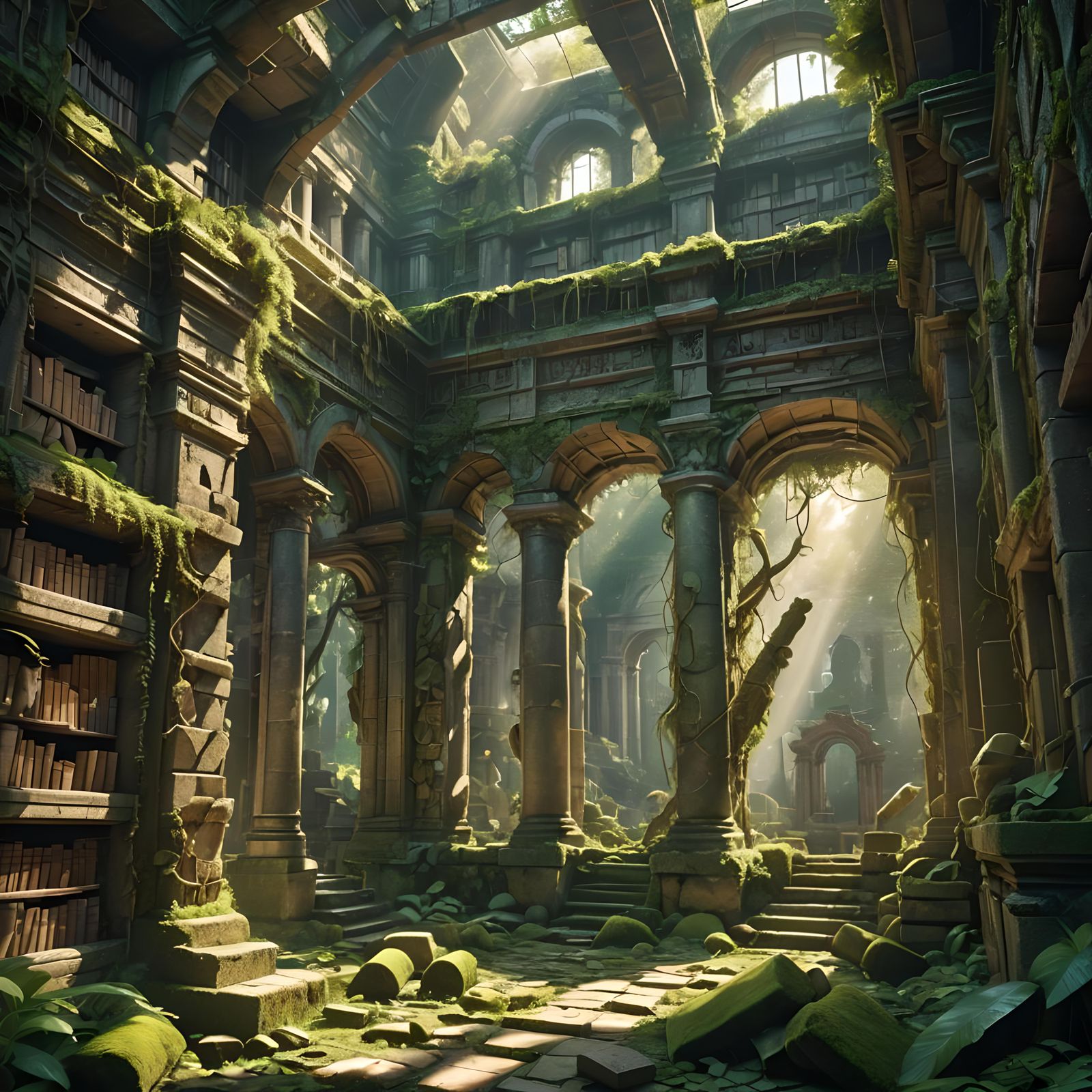 Overgrown Ancient Library Ruins in Jungle, Cinematic Film St...