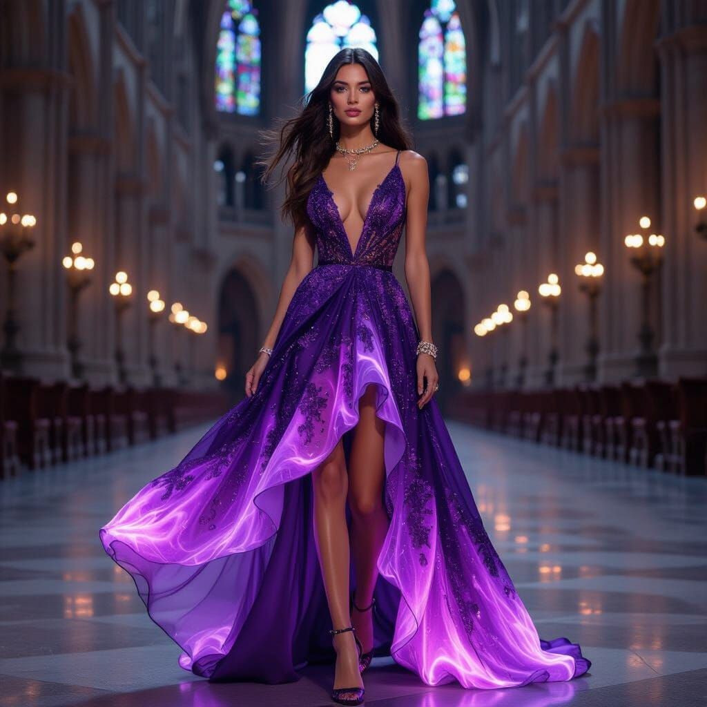 Woman in Luminous Purple Dress in Dark Cathedral