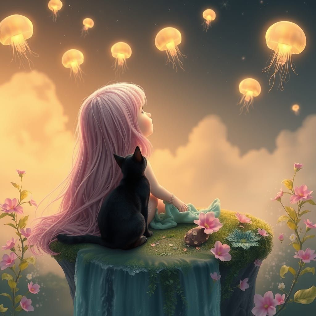 Child and Cat in Dreamy Floating Landscape