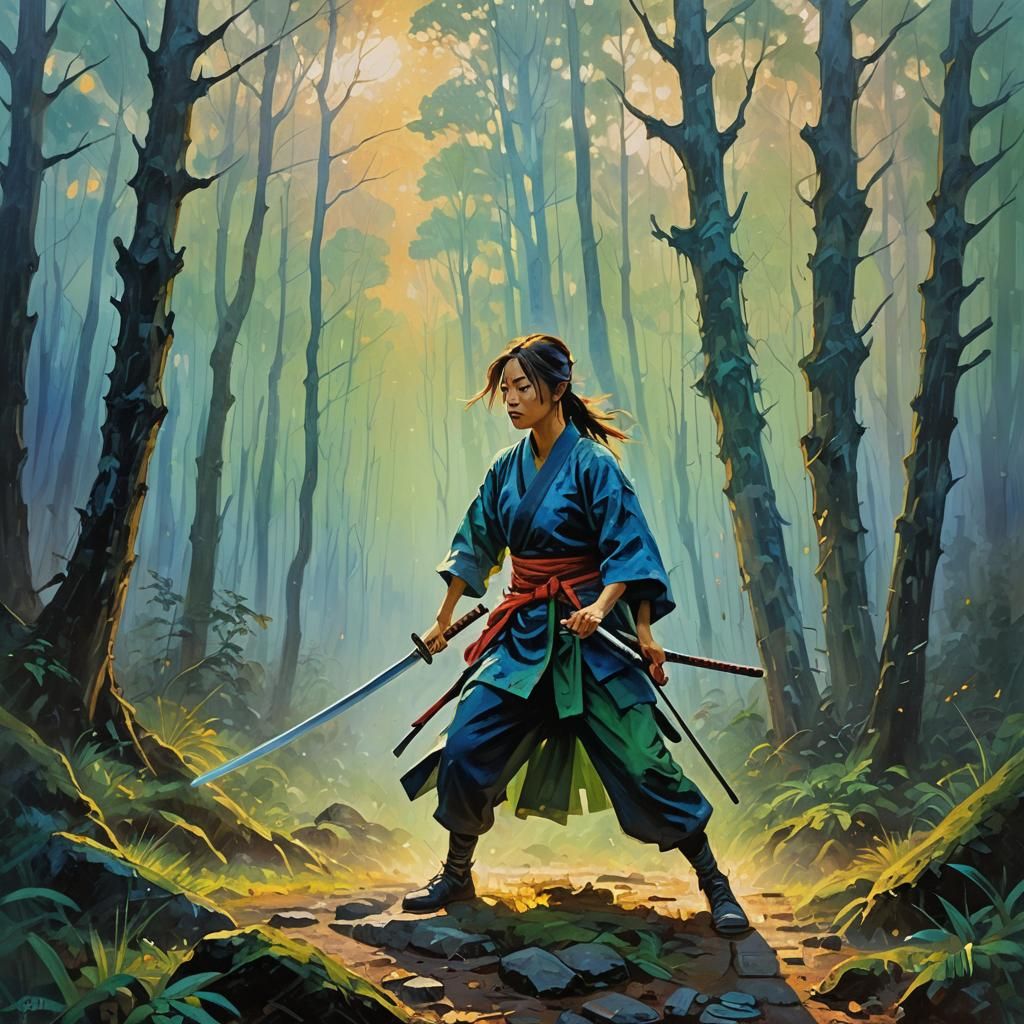 Woman Training with Samurai Sword as Oil Painting