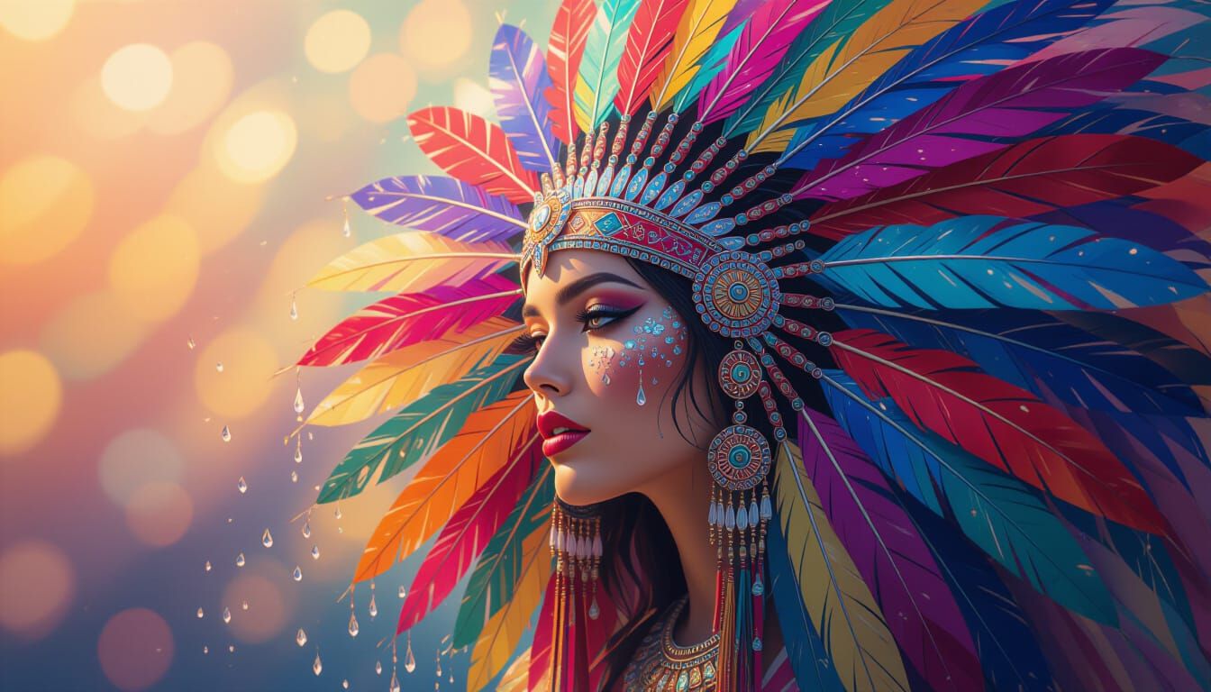 Vibrant Feather Windcatcher with Water Droplets in HD