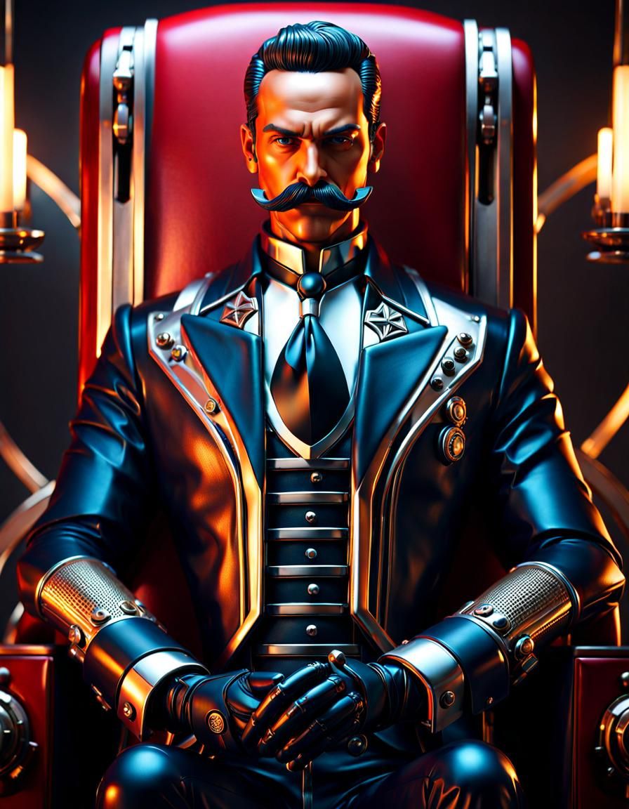 Android Butler with Moustache in Sci-Fi Living Room