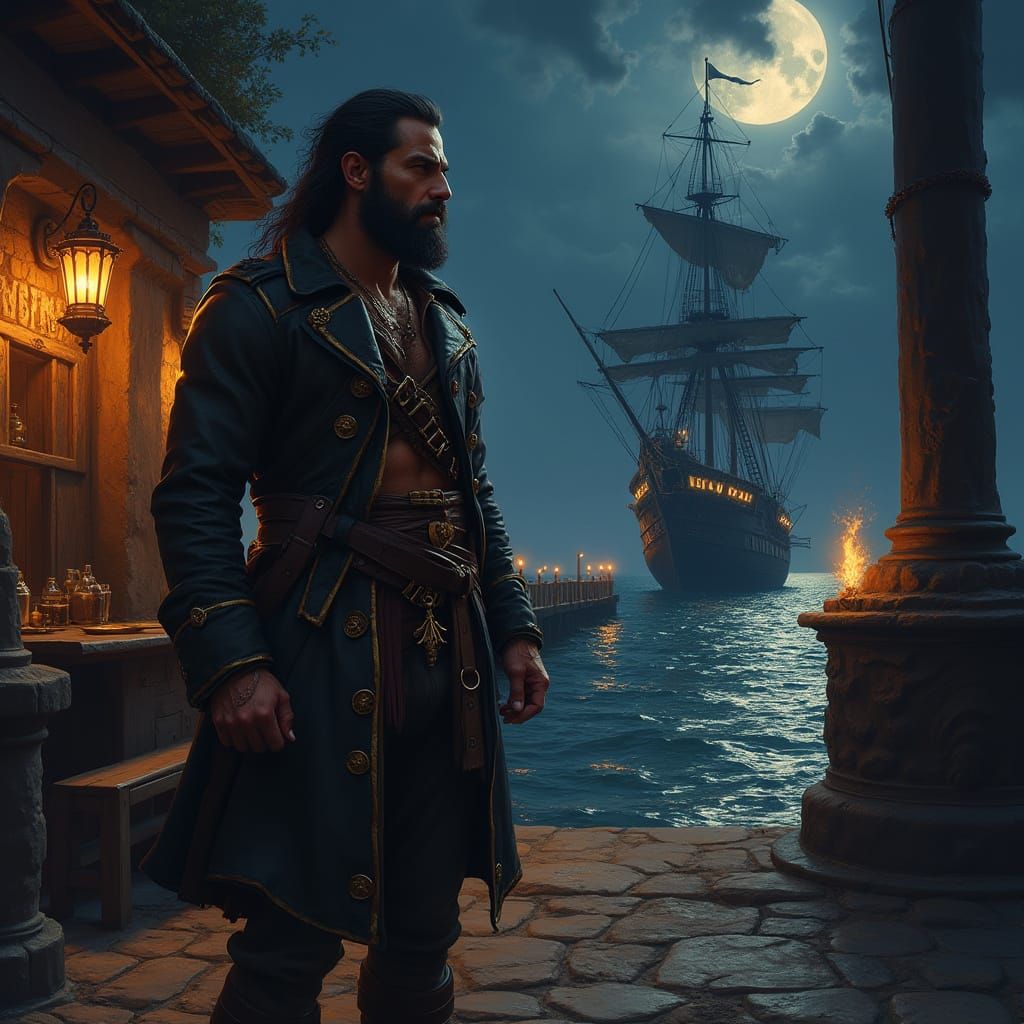 Regal Barbarian Pirate in Tavern, Gazing at Majestic Pirate ...