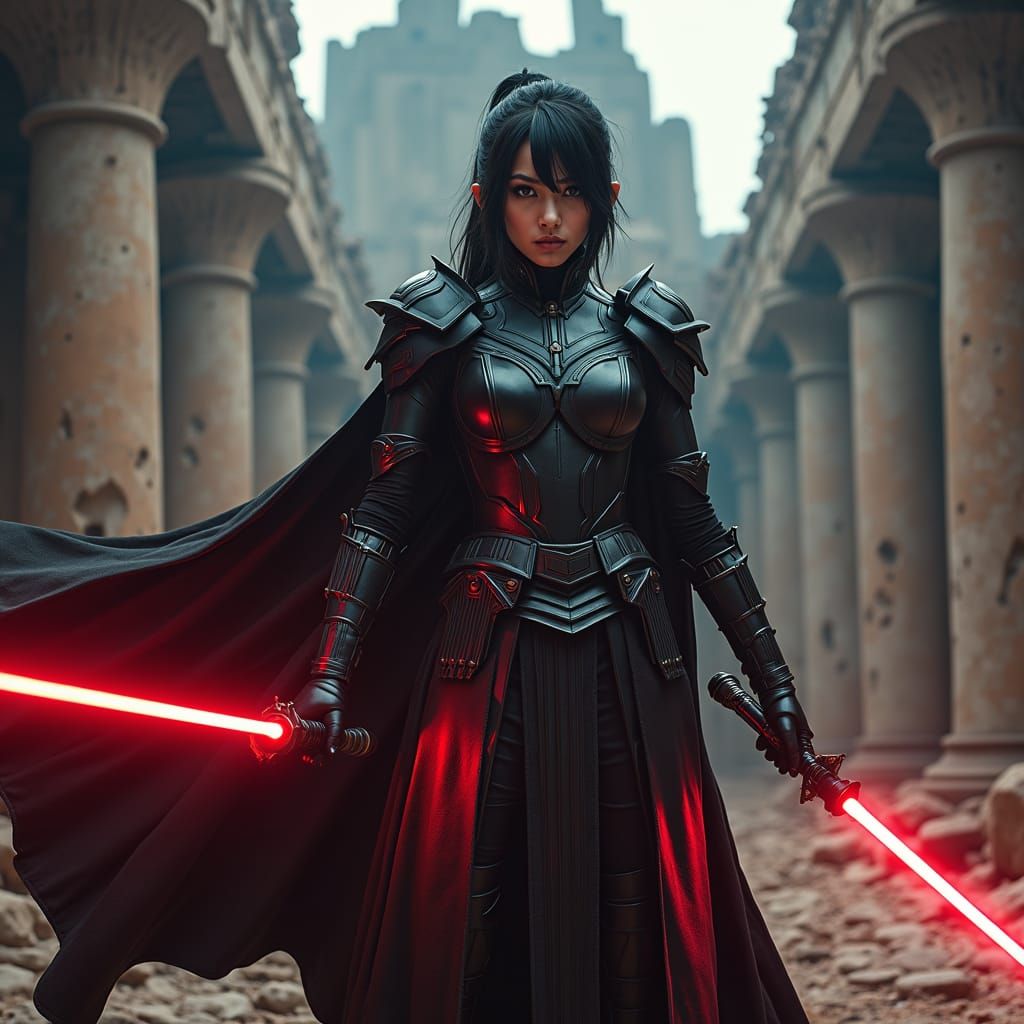 Sith Warrior with Lightsaber in Ancient Ruins