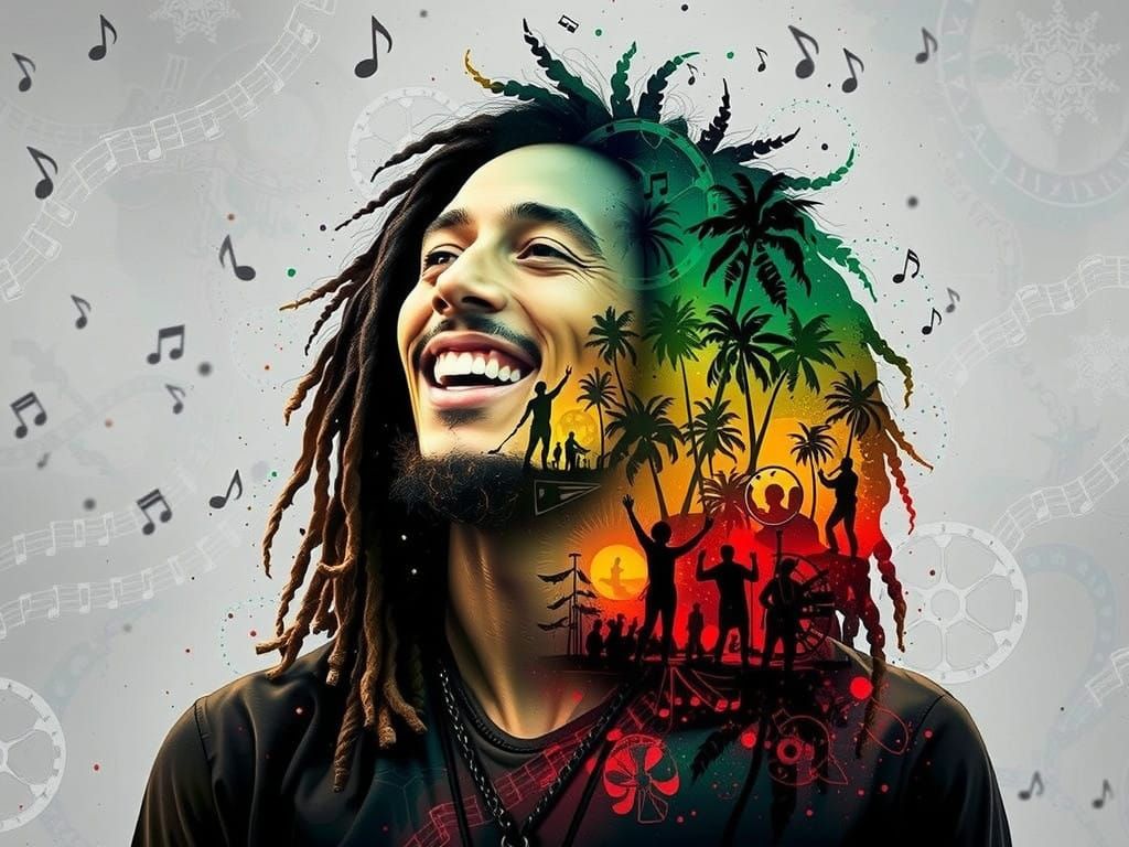 Reggae Icon Bob Marley in Vibrant Double Exposure