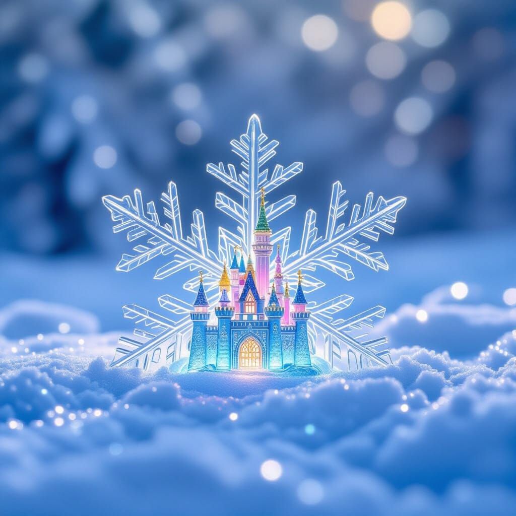 Delicate Glass Snowflake with Rainbow Castle