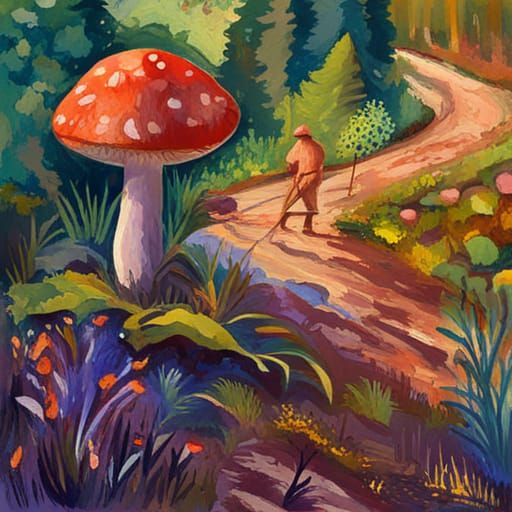 Mushroom Man Hunting Slugs as Gouache Painting