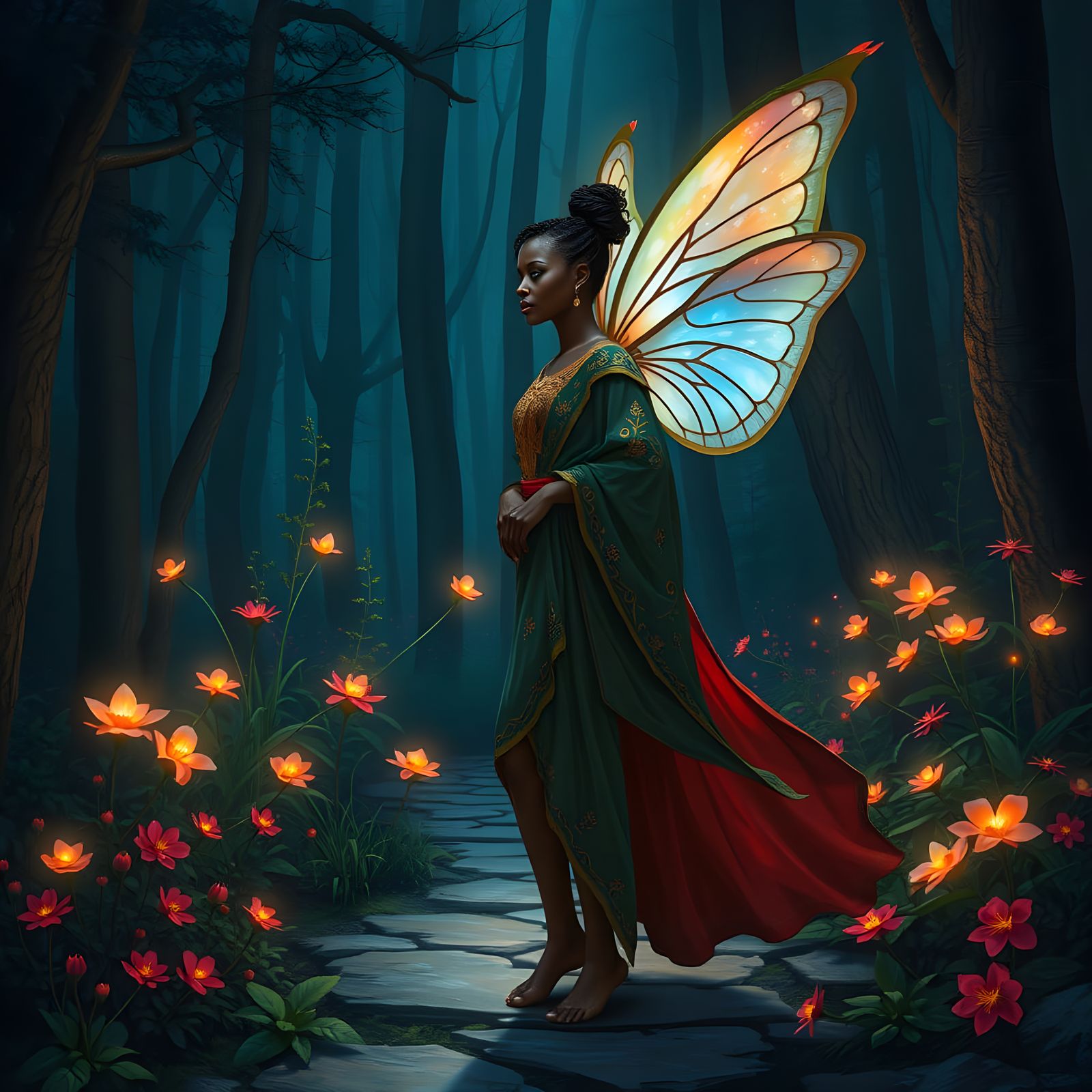Vibrant Fairy Goddess in Whimsical Dark Woods