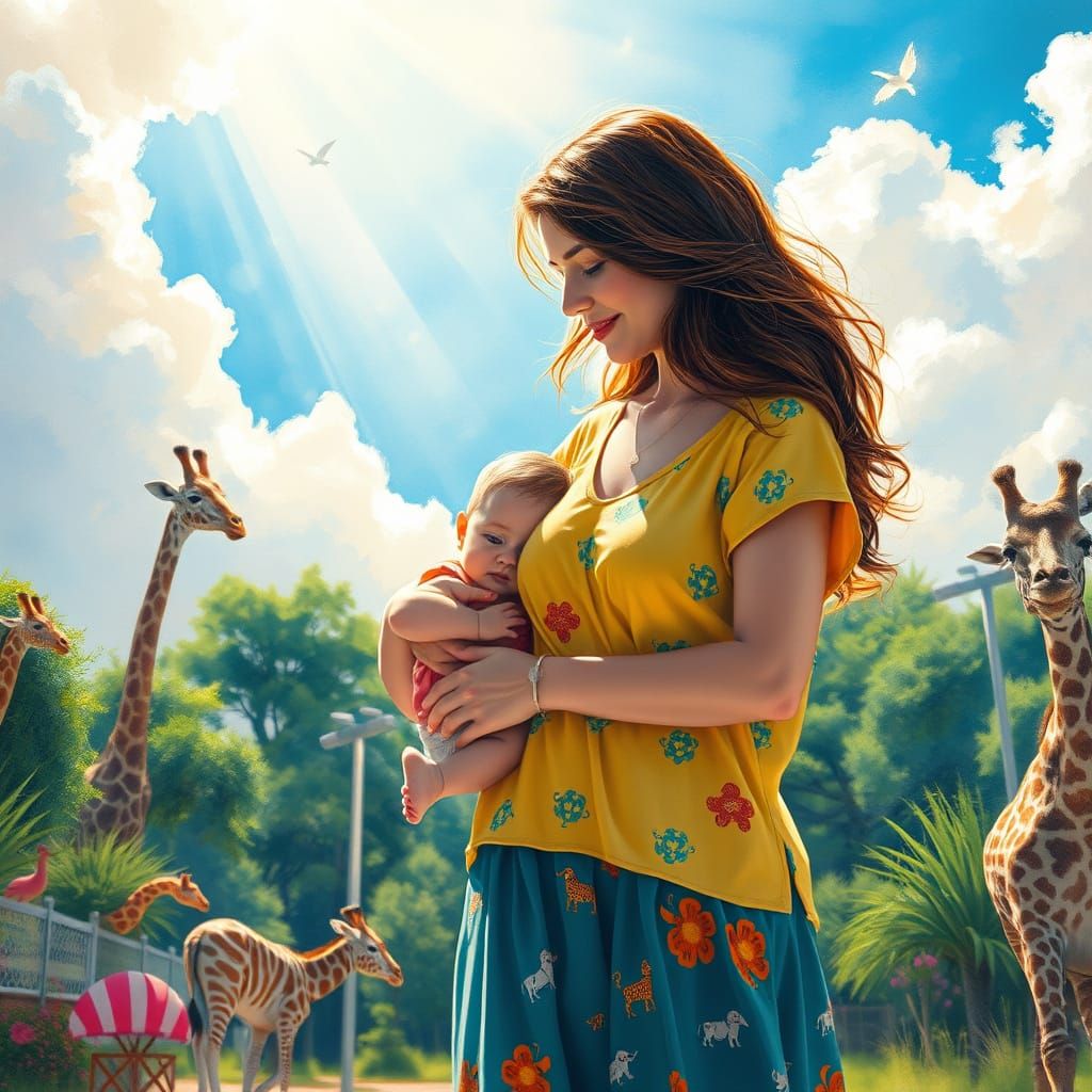 Mother and Baby's Whimsical Zoo Adventure in Vibrant Gouache...