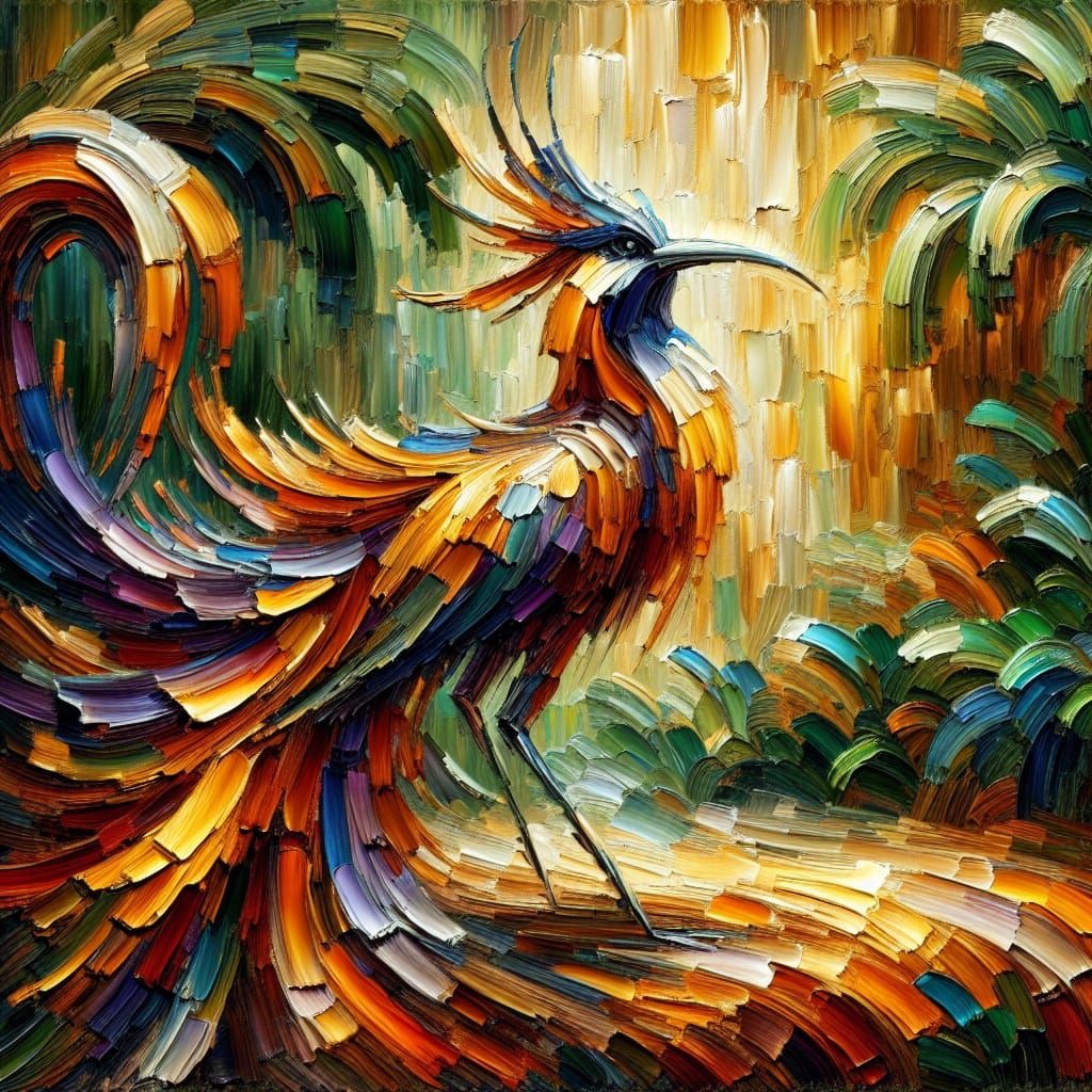 Regal Bird of Paradise in Lush Tropical Impasto Oil Painting