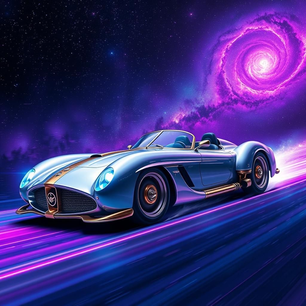 Art Deco Sports Car Soaring Through the Galaxy