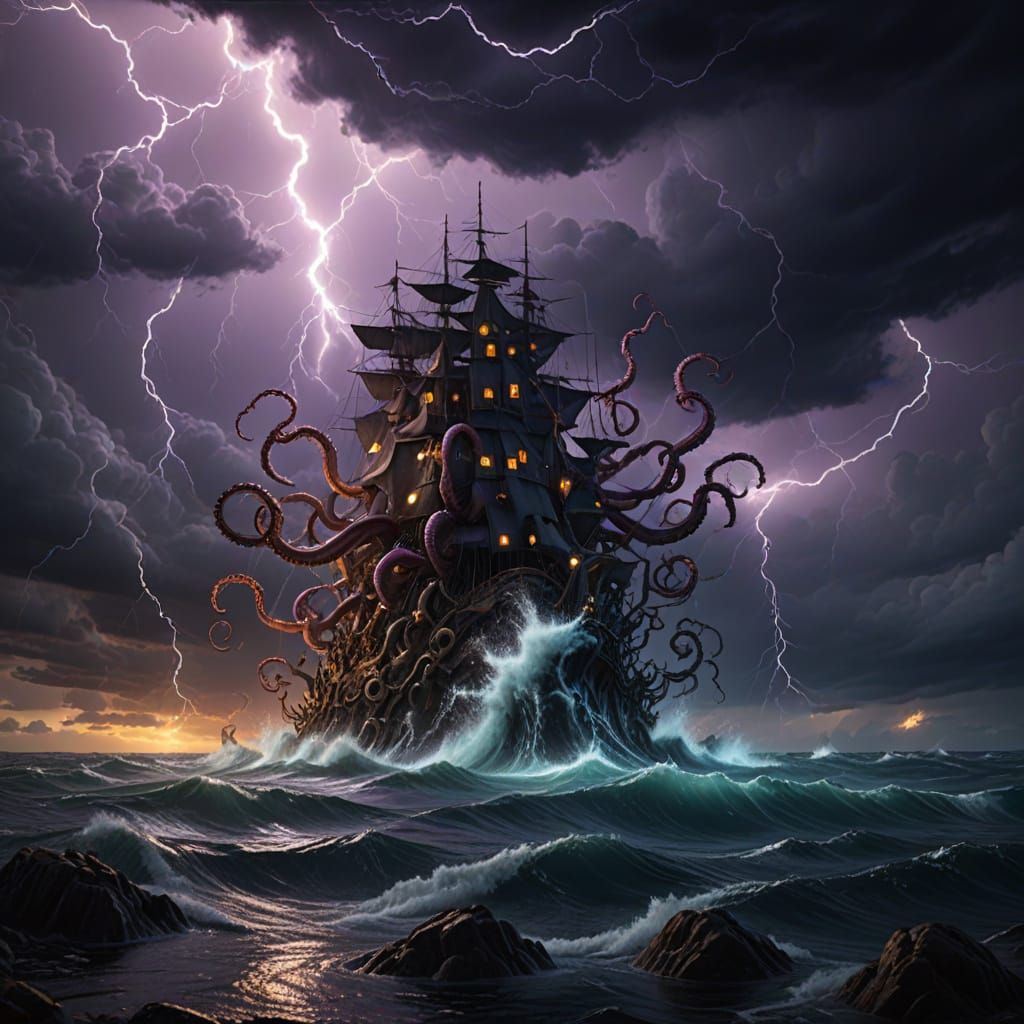 Dark Fantasy Octopi in Stormy Sunset Sky