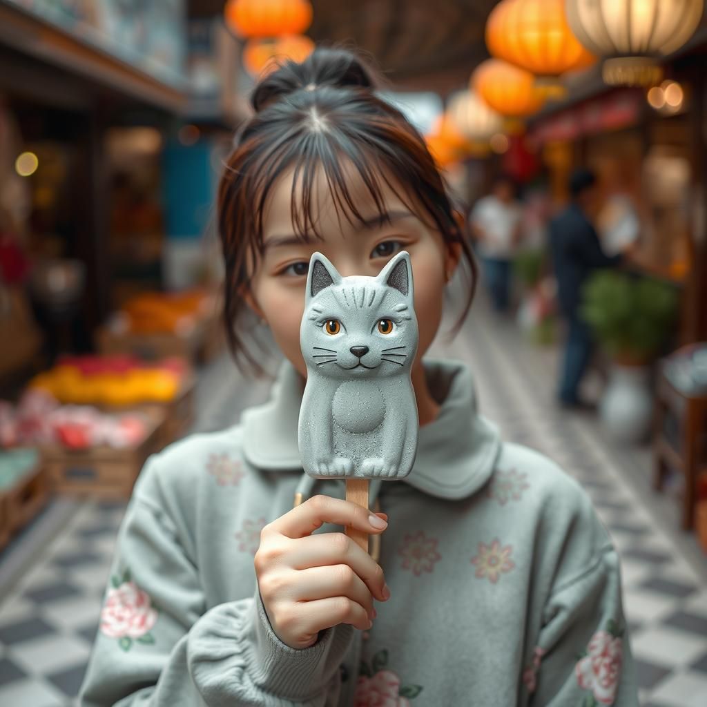 Korean Girl with Cat Popsicle at Floating Market