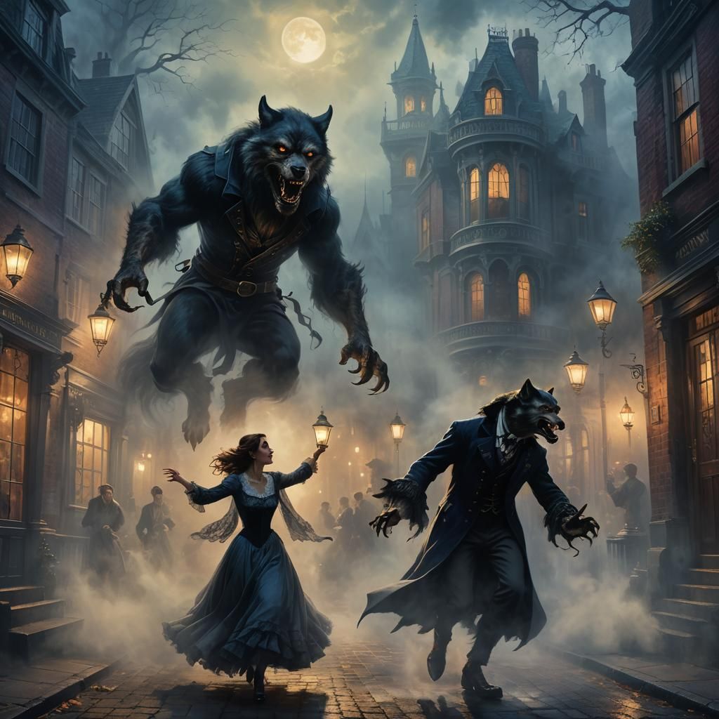 Werewolf Attack in Foggy Victorian Street