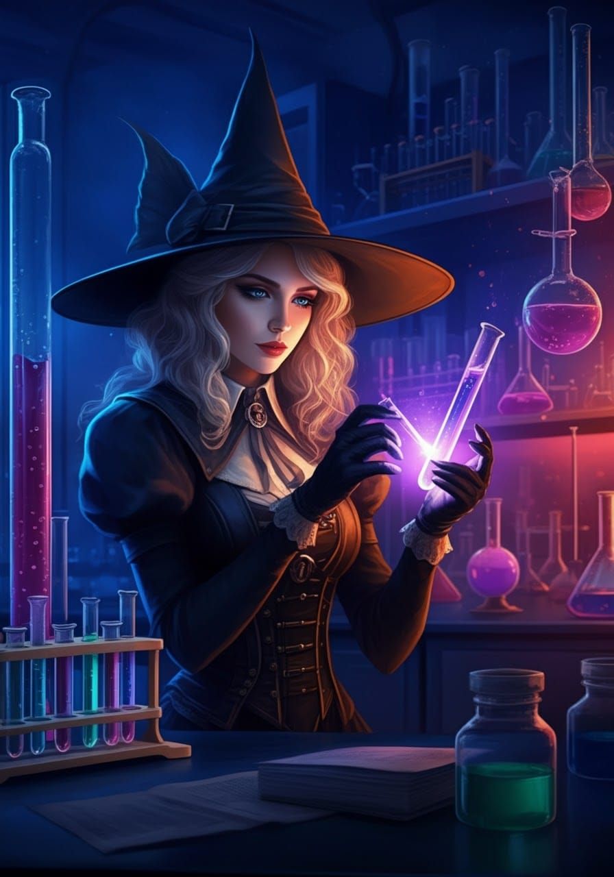 Modern Witch in Lab Gazing at Glowing Tube