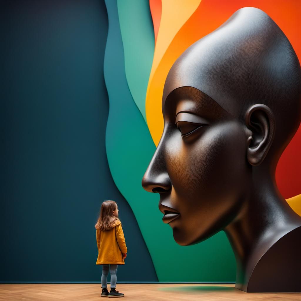 Girl Observes Biomorphic Sculpture in Hyperrealism