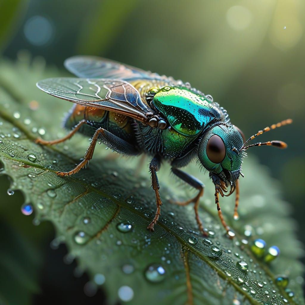 Vibrant Insect in Dewdrop Glory