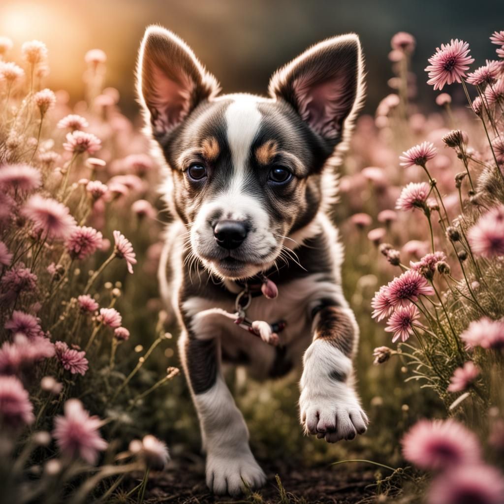 Puppy's Joy: A Hyperrealistic Floral Meadow Scene