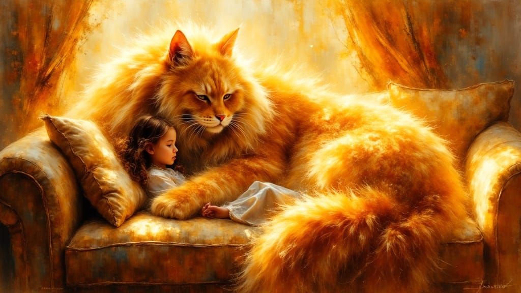 Giant Golden Maine Coon with Girl, in Watercolor Style