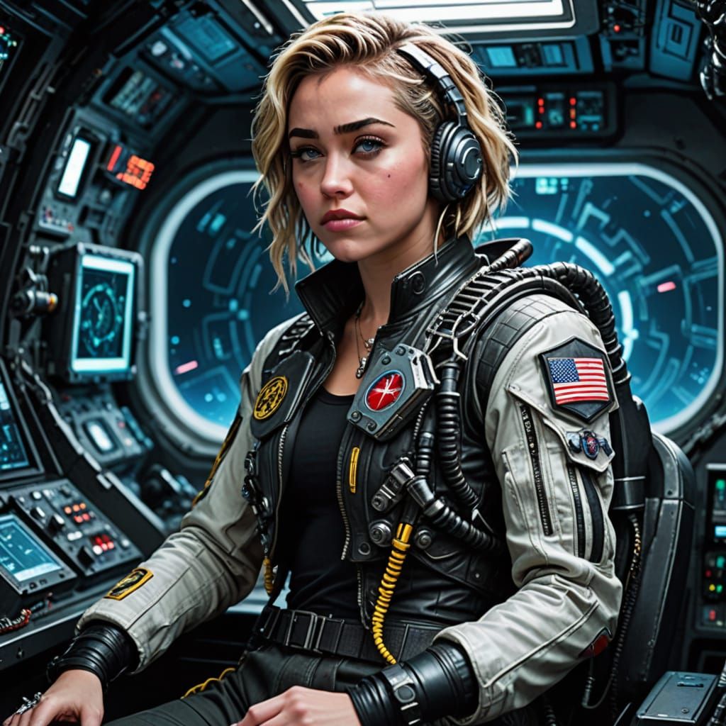 Cyberpunk Pilot Miley Cyrus in Space Fighter Cockpit