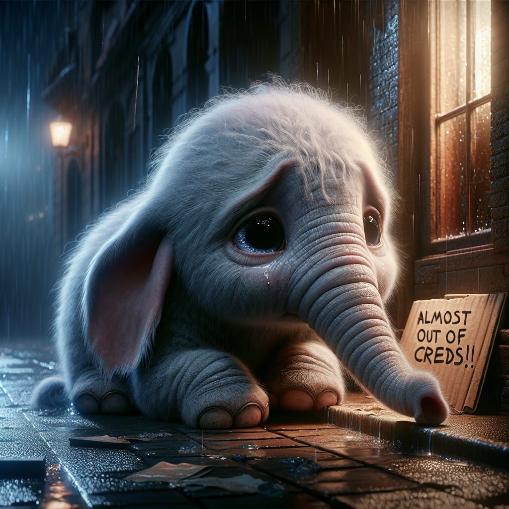 Adorable Elephant Begs on Rainy Street: Matte Painting