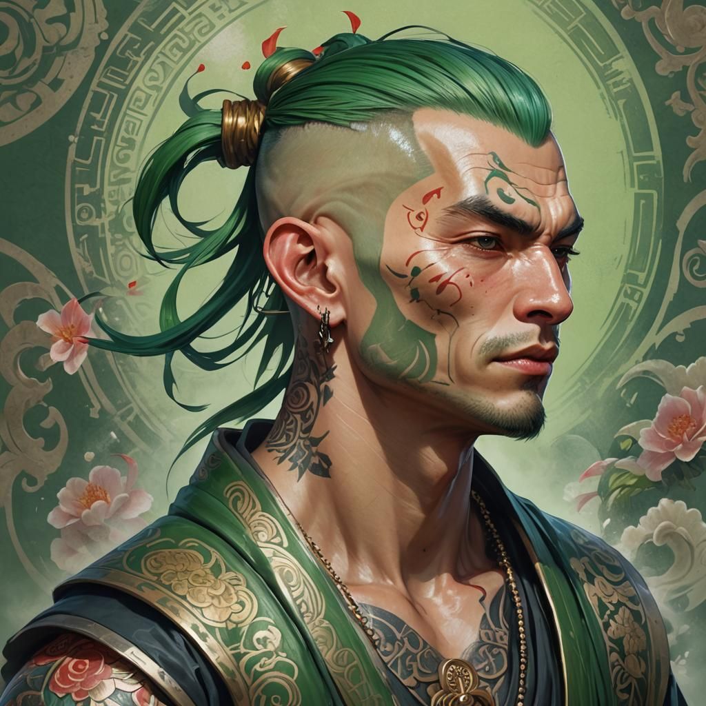 Samurai Monk Portrait with Tattoos, Detailed Digital Art