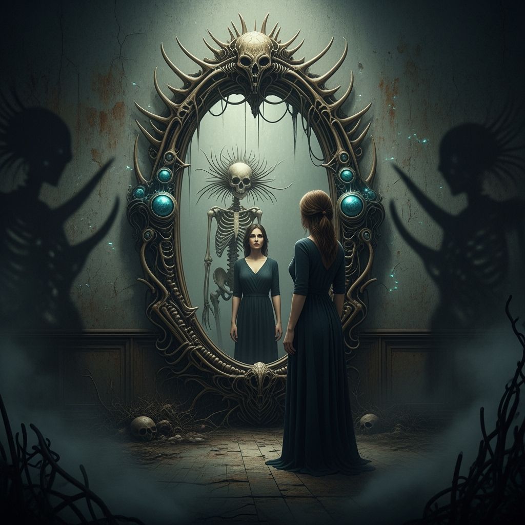 Eerie Mirror Image in Dark Surrealist Style