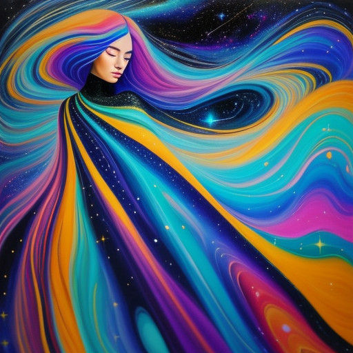 Girl in Cosmic Whirlwind with Stars and Galaxies