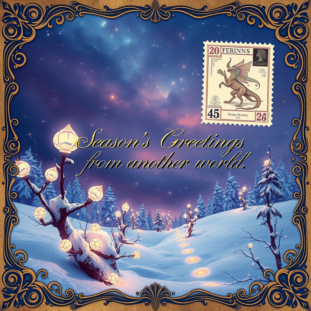 Art Nouveau Christmas Card: Alien Winter Wonderland