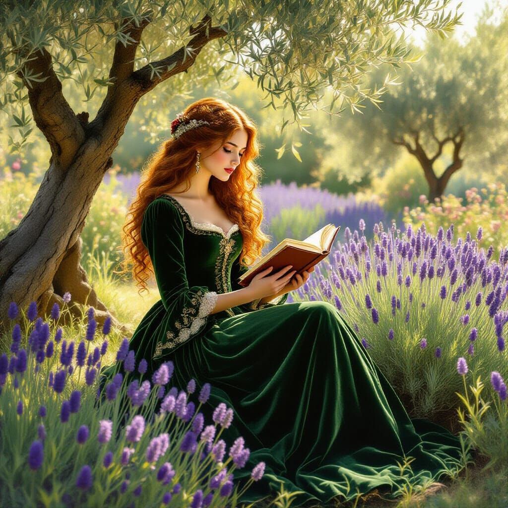 Woman Reading in Garden in Pre-Raphaelite Style
