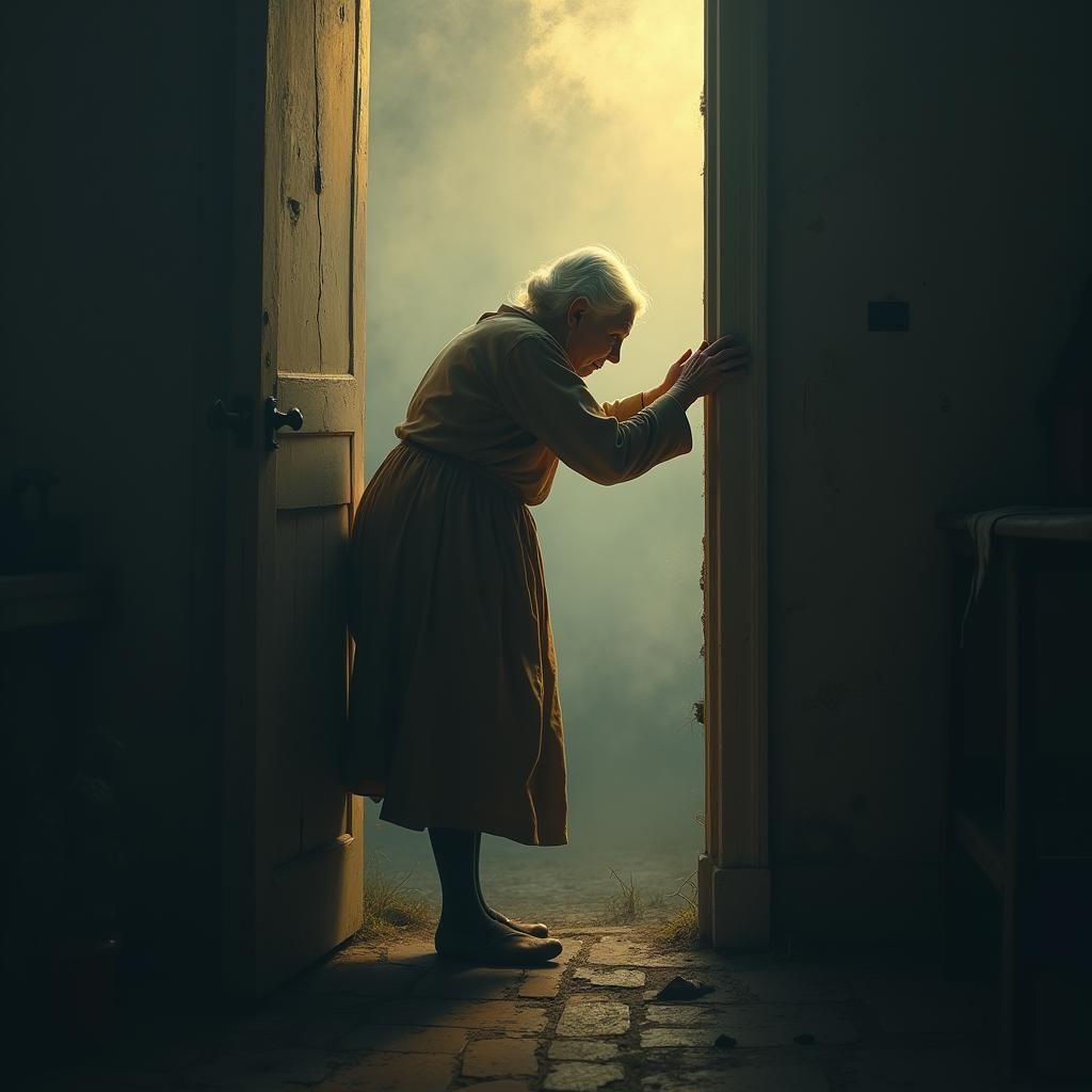 Elderly Woman's Doorway: Moody Atmospheric Matte Painting