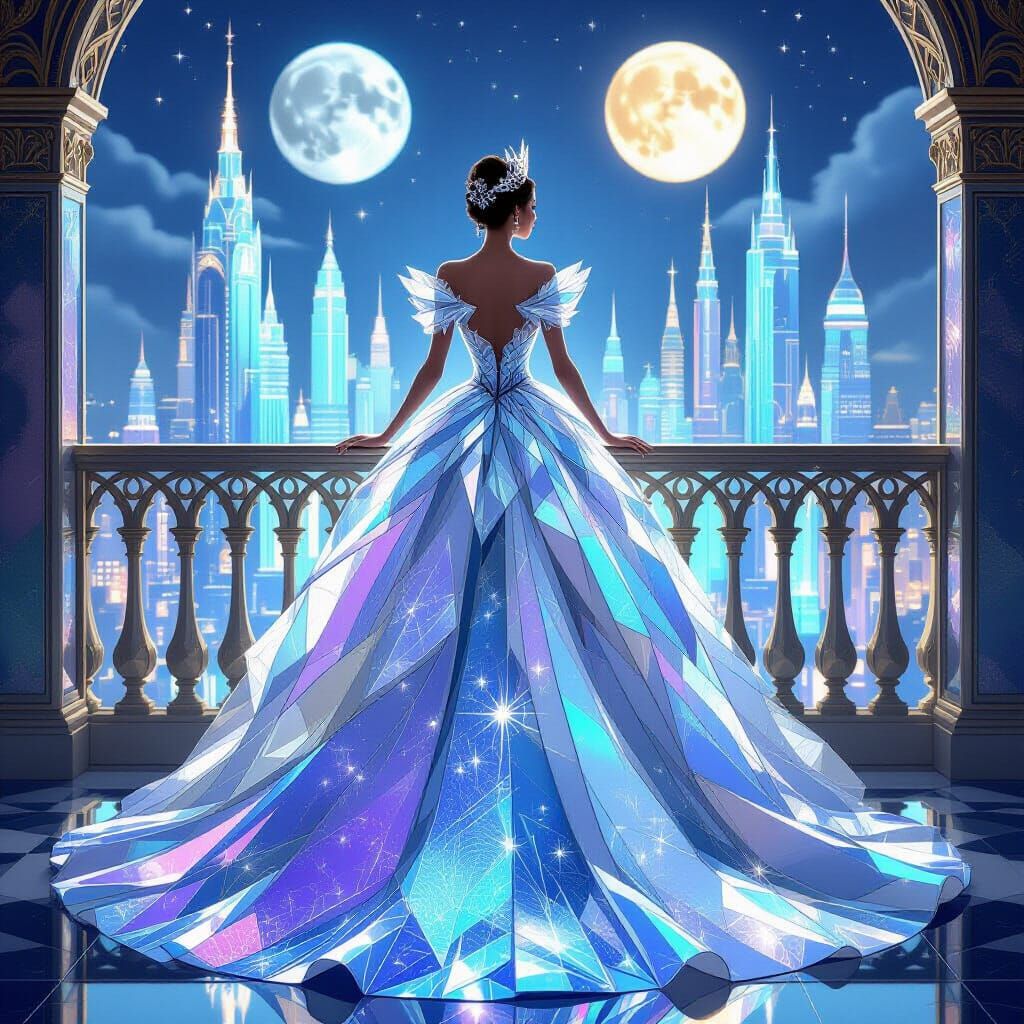 Regal Queen on Balcony Overlooking Iridescent Glass City