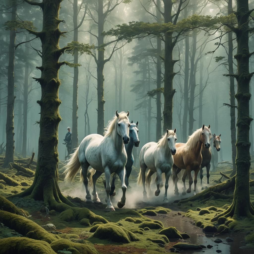 Cream Horses in Misty Forest: Digital Matte Painting