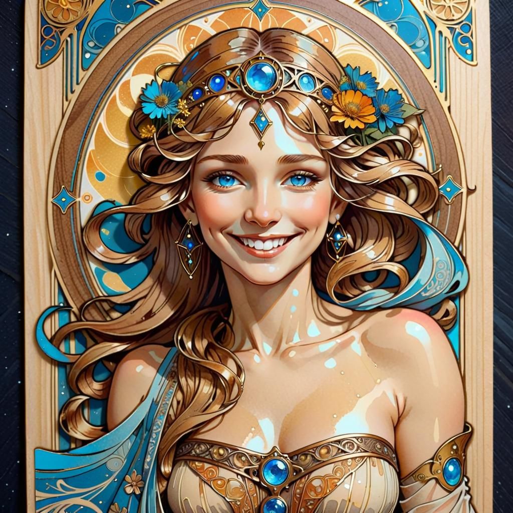 Art Nouveau Tarot Card of a Smiling Woman