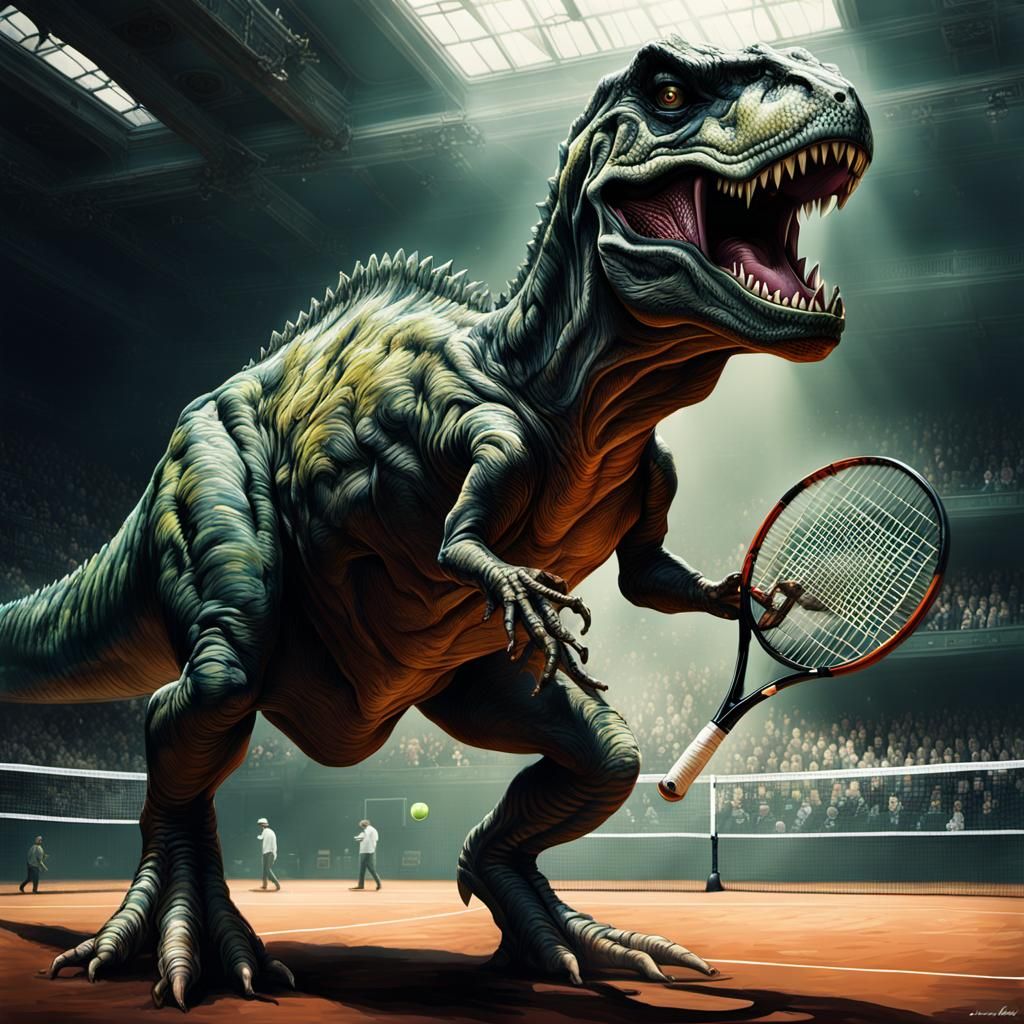 T-Rex Serves Uphand in Detailed Gouache Painting