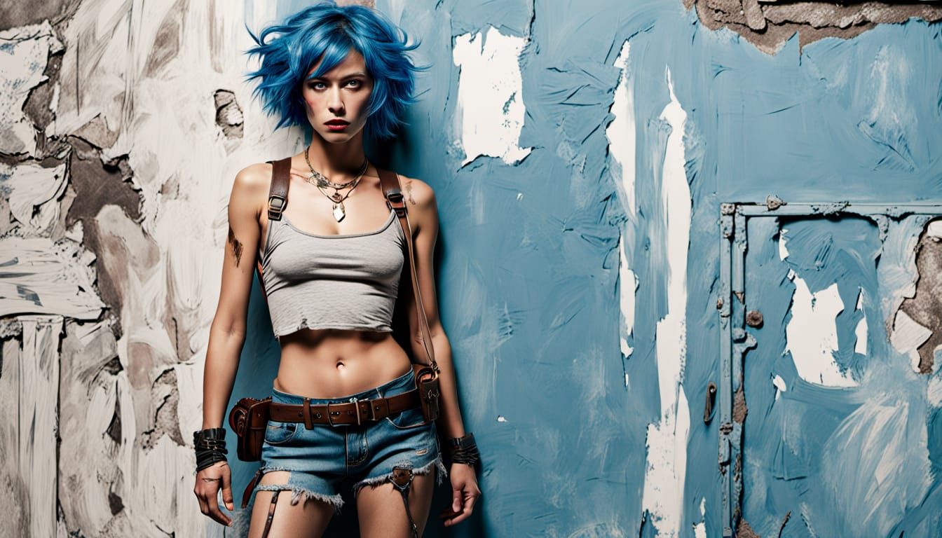 Defiant Blue-Haired Woman in Constructivist Style